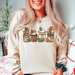 Women Christmas Gingerbread Man Coffee Print Sweatshirt Casual Round Neck Long Sleeve Chenille Pullover Holiday Xmas Top
