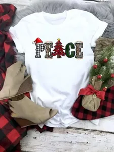 Christmas graphic short sleeve t-shirt with cute holiday peace letter print for women.