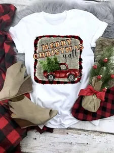 Christmas graphic short sleeve T-shirt, casual white tee with festive holiday print.