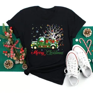 Black short sleeve T-shirt with Christmas truck graphic, casual holiday wear for men and women.