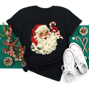 Vintage Santa Claus graphic print black short sleeve t-shirt for women casual holiday tee