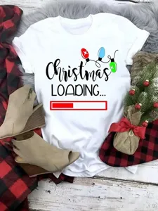 Christmas loading print white short sleeve t-shirt casual holiday apparel for women and men top.