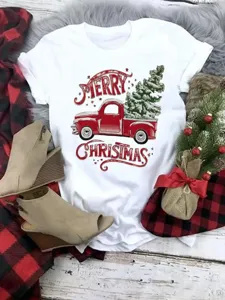 Christmas vintage truck graphic white short sleeve t-shirt casual holiday top for women.