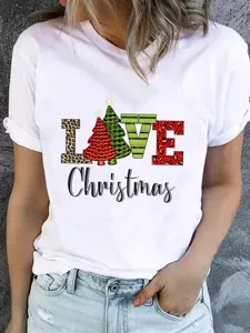 Close-up detail of women white Christmas graphic short sleeve t-shirt with festive print.