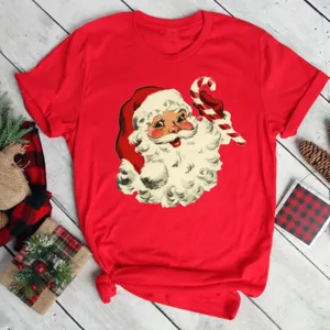 Christmas vintage Santa graphic short sleeve red T-shirt casual holiday top for men and women