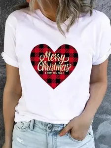 Christmas heart print short sleeve white t-shirt detail showing fabric and festive graphic.
