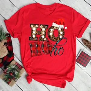 Christmas red short sleeve graphic t-shirt festive ho ho ho leopard plaid print top