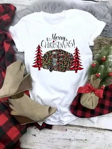 Christmas leopard camper print detail on white t-shirt for holiday festive apparel display.