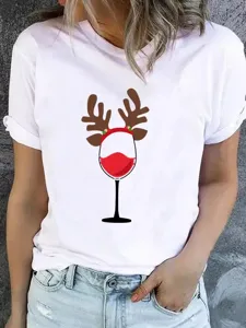 Christmas Wine Glass Reindeer Antlers Graphic Print Short Sleeve White T-Shirt Casual Tee