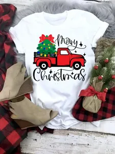 Christmas red truck graphic print short sleeve white t-shirt casual holiday top outfit