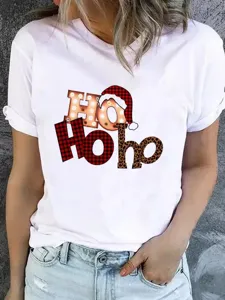 Christmas short sleeve T-shirt for women featuring festive graphic design, comfortable casual top.