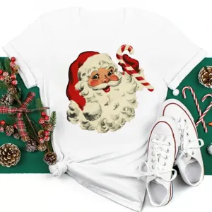 Vintage Christmas Santa Claus graphic print white casual short sleeve t-shirt top style