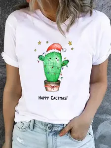 Casual white short sleeve t-shirt featuring cute Christmas cactus graphic print.
