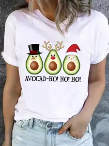 Christmas avocado graphic short sleeve white t-shirt for women casual holiday top apparel