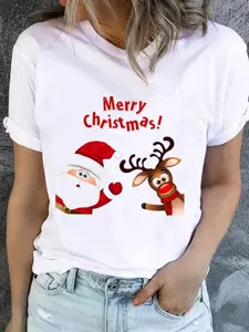 Christmas graphic print short sleeve white t-shirt for women casual holiday wear top