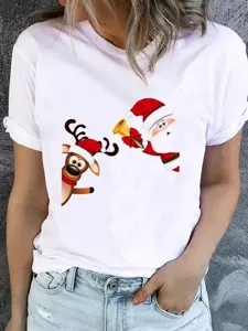 Closeup of white short sleeve t-shirt with cute christmas cartoon print detail design