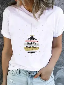 Women short sleeve white t-shirt with happy new year holiday graphic casual summer top tee