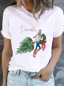 Detail shot of white short sleeve t-shirt with festive Christmas tree illustration graphic.