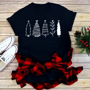 Christmas tree graphic short sleeve t-shirt, casual black tee for holiday winter season.