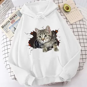 Casual white long sleeve hooded sweatshirt featuring cute 3D tabby cat graphic print for women.