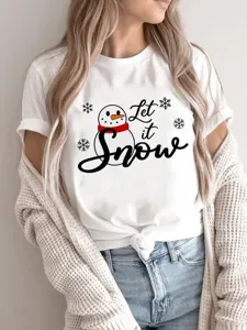 Casual white short-sleeve t-shirt featuring a cute Christmas snowman graphic and winter quote.
