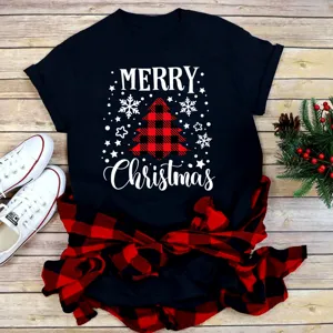 Christmas graphic short sleeve black T-shirt with festive plaid tree and text print.