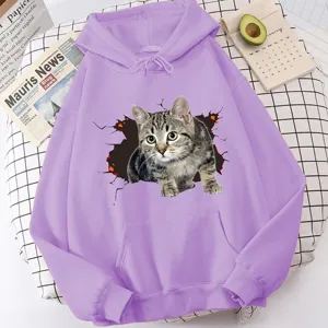 Purple casual cute cat print hoodie long sleeve loose pullover women stylish sweatshirt top