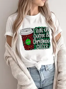 Women white short sleeve t-shirt casual graphic tee with christmas coffee cup print top daily wear.