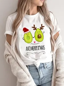 Christmas avocado print short sleeve t-shirt casual cute women holiday tee top fashion