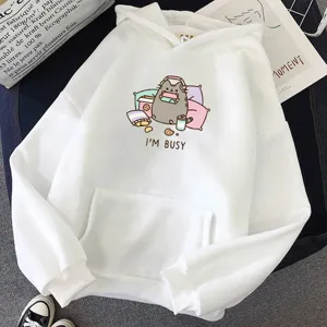 White hooded sweatshirt for women, cute cartoon cat print, long sleeves, casual pullover hoodie.