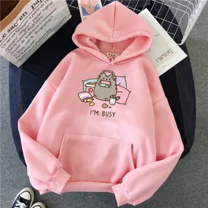 Pink cute cat graphic print hoodie for women, long sleeve casual hooded sweatshirt with pocket.
