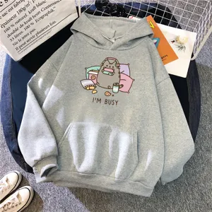 Women grey cartoon cat print hooded sweatshirt casual long sleeve pullover with pocket