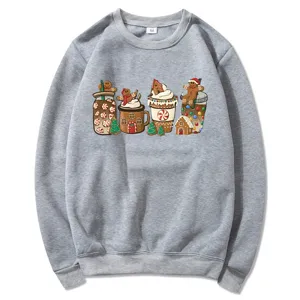 Christmas Gingerbread Coffee Cup Print Grey Long Sleeve Crewneck Casual Sweatshirt