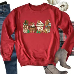Christmas gingerbread print long sleeve red sweatshirt, comfortable holiday casual pullover top.