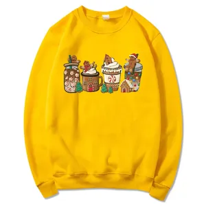 Christmas gingerbread man graphic long sleeve yellow sweatshirt casual pullover top for winter