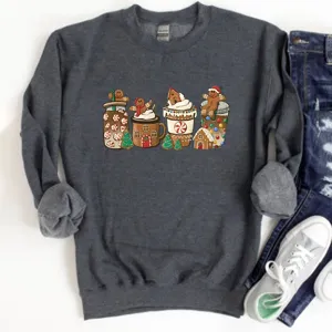 Dark grey Christmas sweatshirt featuring cute gingerbread drink graphic, cozy long sleeve casual top.