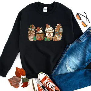 Christmas gingerbread coffee cup print black long sleeve crewneck sweatshirt casual top