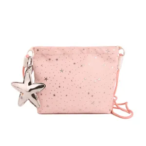 Pink star print crossbody bag with silver star pendant and stylish shoulder strap for women.