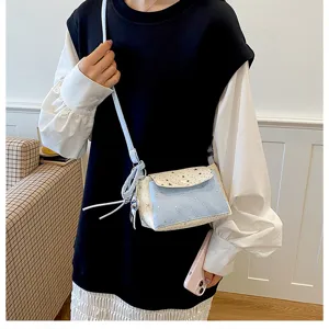 Detailed shot of a stylish mini crossbody star pattern phone bag in light blue and white color.