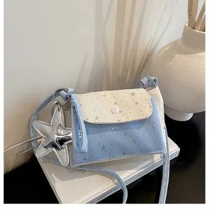 Chic blue and white star crossbody bag, sweet style shoulder bag with shiny star pendant.