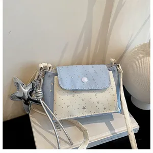 Chic blue white star print crossbody bag with shining pendant, portable stylish casual purse.