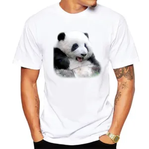 Men's white short sleeve t-shirt featuring a cute giant panda realistic photo print casual top