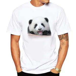 Men's white short sleeve t-shirt featuring a cute baby panda graphic print, casual summer top.