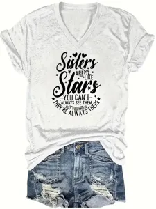 Women casual V-neck short sleeve t-shirt with inspiring sister print, summer stylish top.