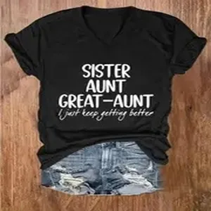 Black V-neck short sleeve T-shirt detail, featuring front letter print and casual cotton style.