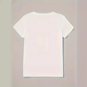Detailed view of the plain white women short sleeve V-neck top back design fabric texture.