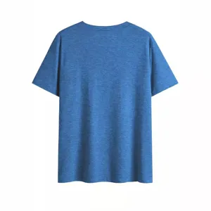 Vista dettagliata posteriore della maglietta blu da donna a maniche corte scollo V
