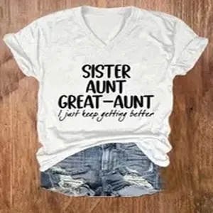 Casual white V-neck short sleeve top featuring family quote print detail for women.