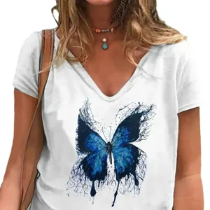 Women v-neck short sleeve t-shirt with blue ink butterfly print casual summer top tee