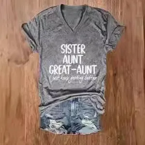 Women Grey V-Neck Short Sleeve Casual T-Shirt Funny Printed Graphic Tee Top Apparel